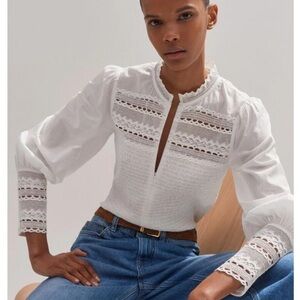 ME+EM 6 4 Shirred Lace Trim Zip Front Dainty Cotton Blouse White